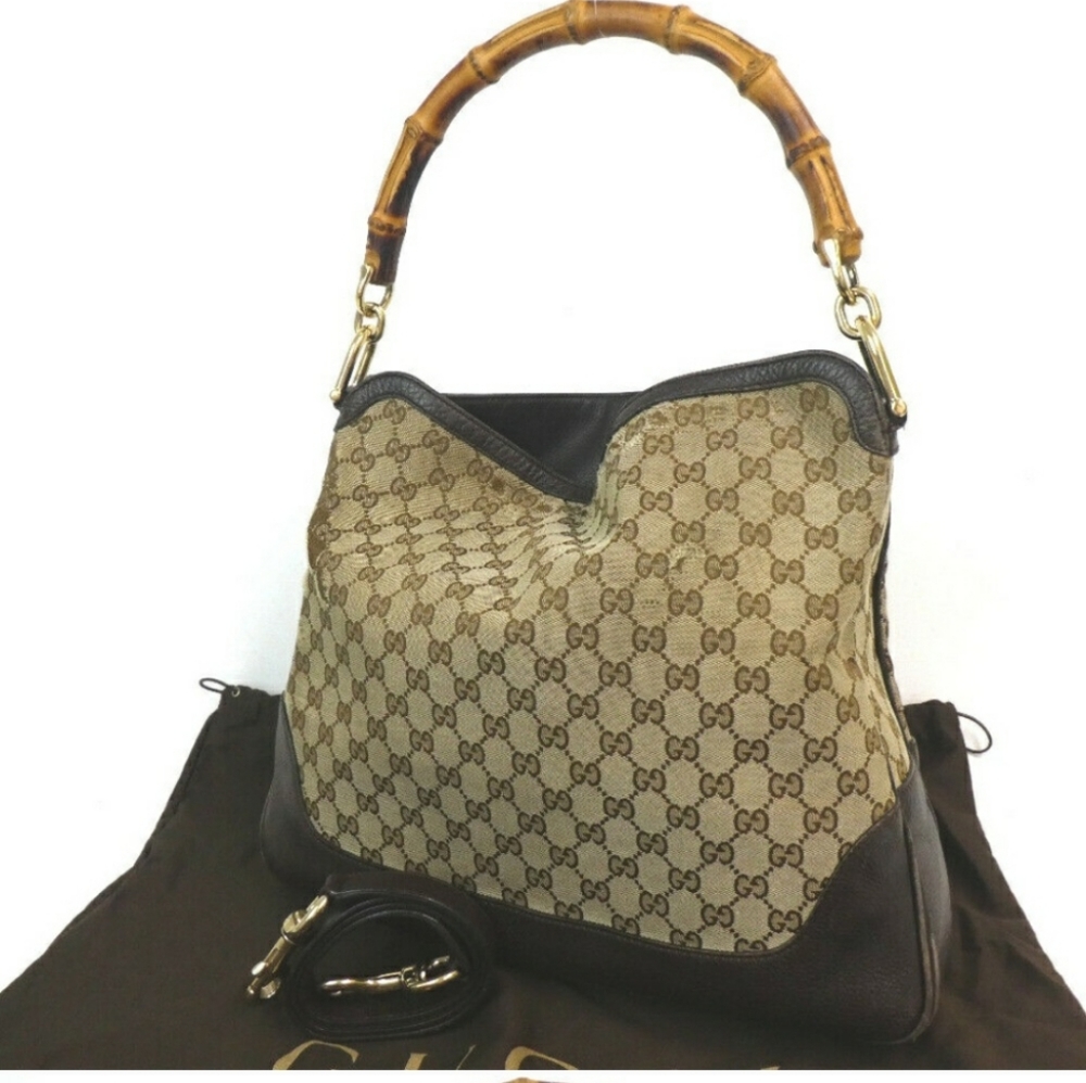 Auth Gucci Gg Canvas Bamboo Handbag